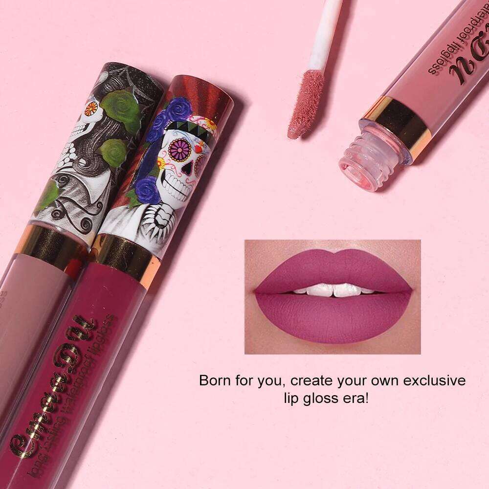 1pcs Matte Lip Gloss Long-Lasting, Waterproof, Non-Fading, for All Skin Types - Vibrant Red Shades with Floral & Skull Designs W260311