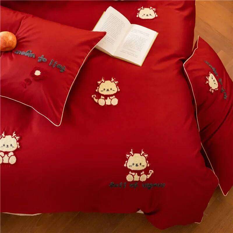 New Year Limited Long-Staple Four-Piece Set Cute Towel Embroidery Cotton Red Quilt Cover H260312
