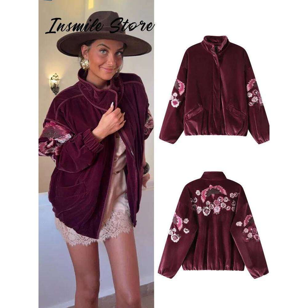 Fashion Embroidery Jacket Women Stand Collar Zipper Full Sleeve Pockets Red Coat 2025 Autumn Lady Casual Vintage Outwear Asia Size