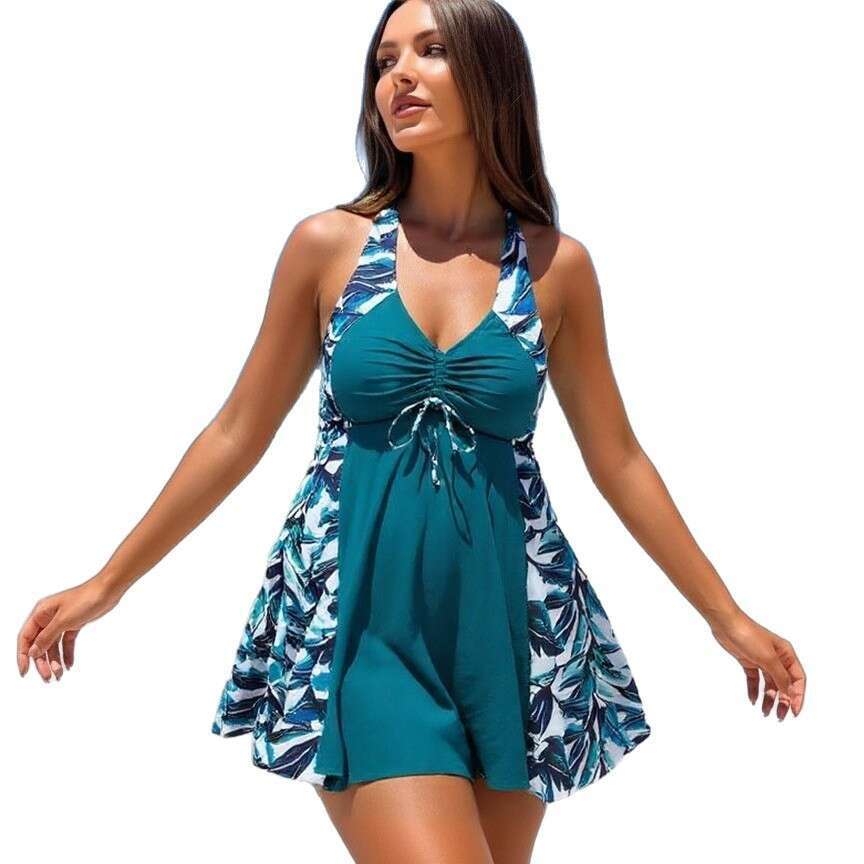 2026 New European and American Cross-Border Women's Swimwear: Conservative, Plus Size, Loose-Fit Skirted Printed Swimsuit with Straps, Concealing