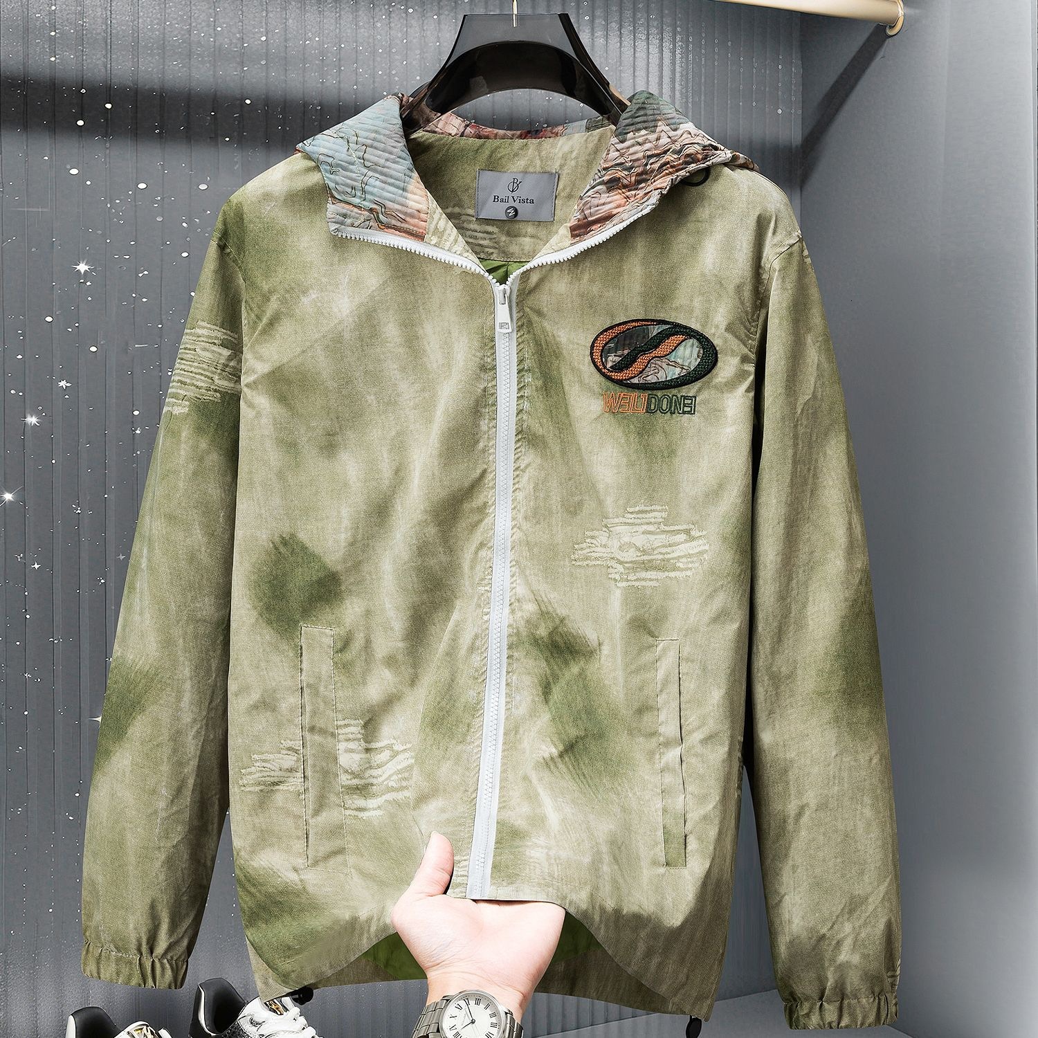 Luma hop 2025 New European and American Style Tie-Dye Men's Embroidered Hooded Jacket, High-End Trendy Brand, Lightweight Casual Autumn Jacket