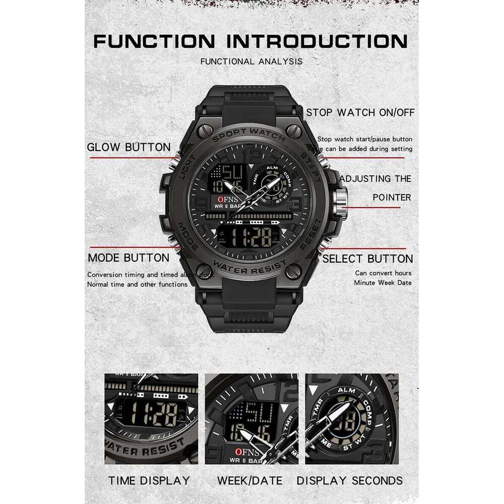 OFNS Top Brand 6024 Casual Waterproof Dual Screen Digital Men's Sports LED Date Clock Silicone Watch Band
