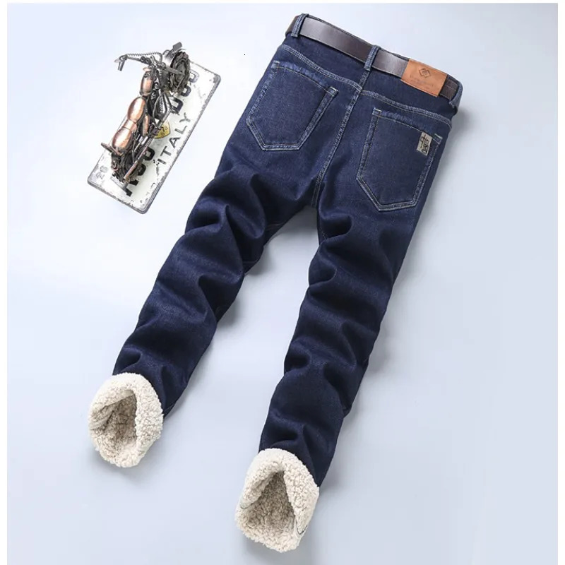 Winter Warm Mens Wool Velvet Jeans Thickened Fleece Slim Straight Denim Pants Business Casual Comfortable Thermal Male Trousers 260228