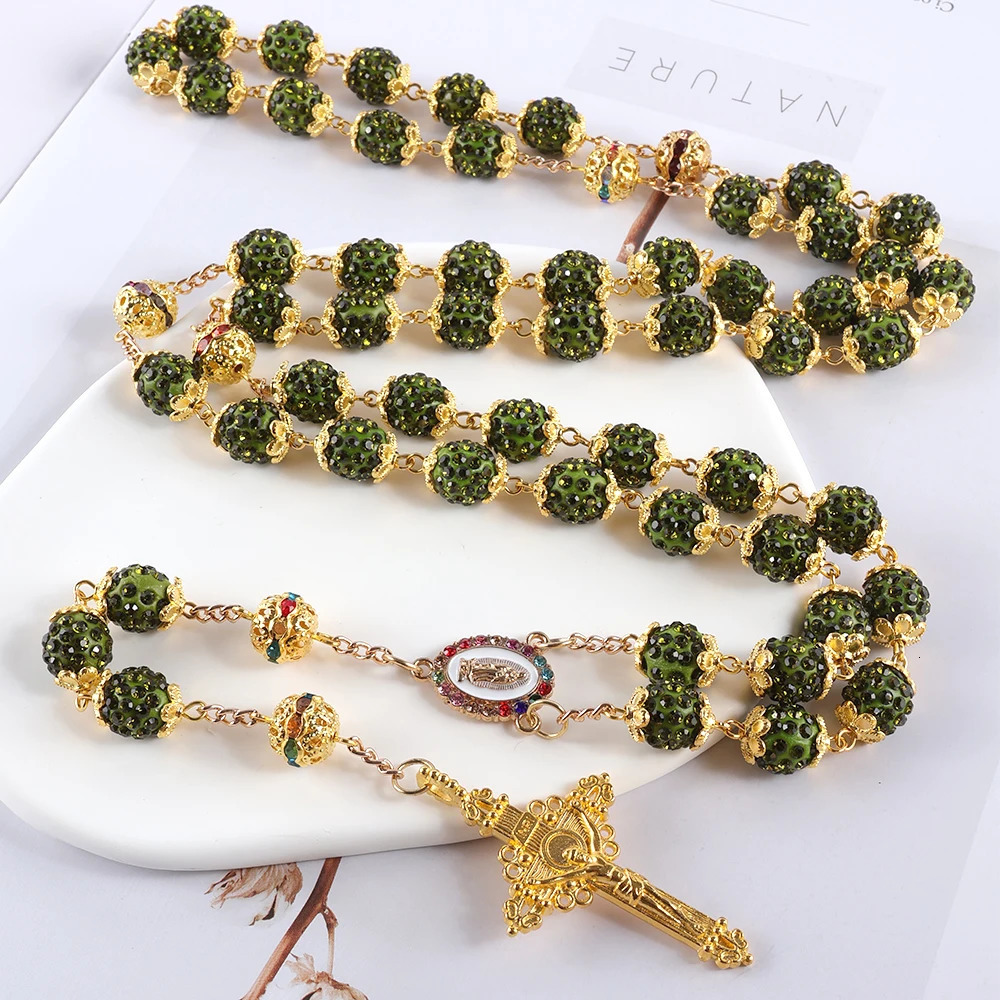 2025 Vintage Catholic 10mm 59 Crystal Rhinestone Beads Cross Necklace 260311