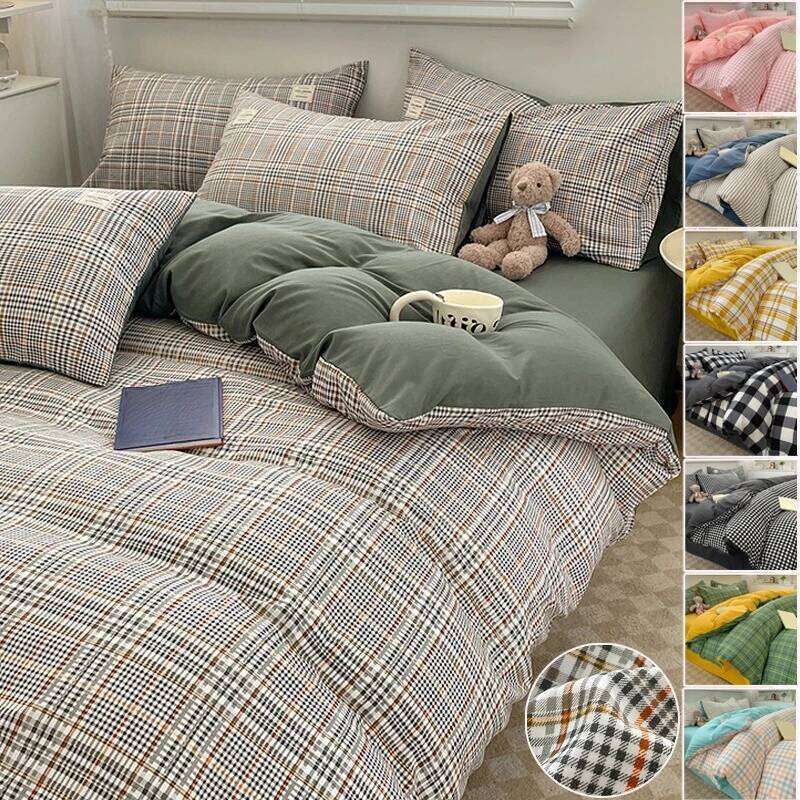 Simple grid Duvet Cover Set with Sheet Pillowcases Soft Skin Friendly Luxurious Cozy Bedding for single Double Bed parure de lit H260312