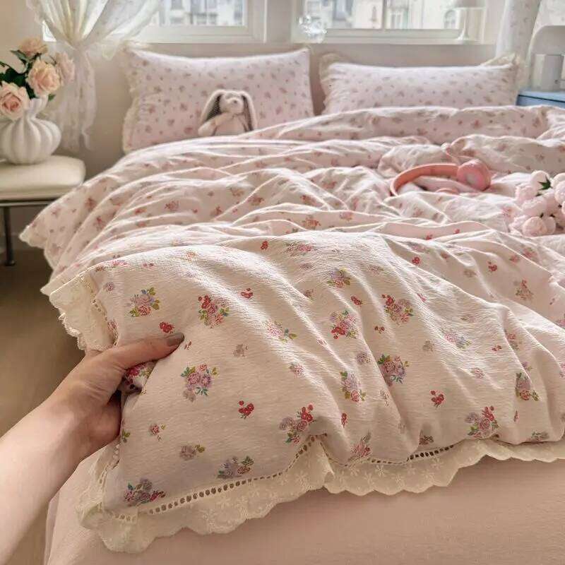 Korean Girly Heart Floral Double Layer Gauze Four-Piece Set Princess Style Lace Trim Quilt Cover Bed Sheet Dormitory H260312