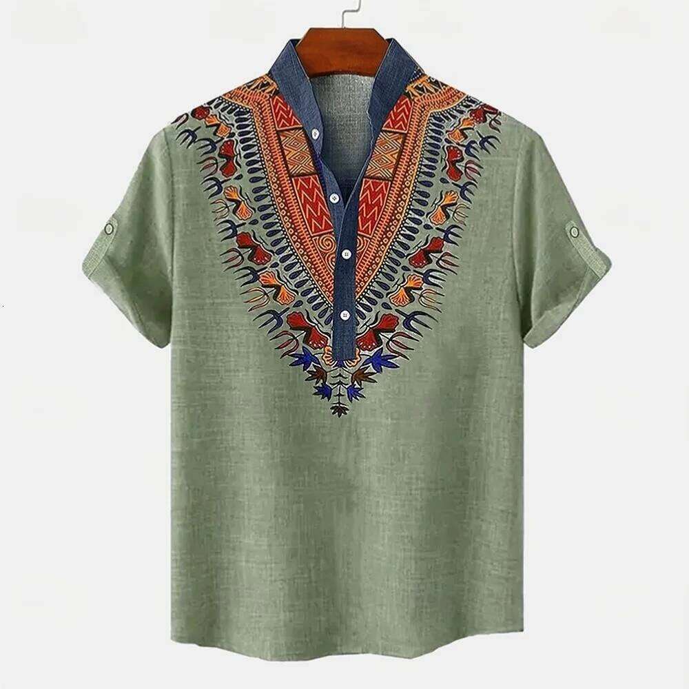 New retro men's linen short sleeved shirt with digital printing, fashionable trend, street outdoor, casual and comfortable