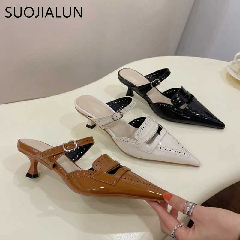 SUOJIALUN 2024 Spring New Women Slipper fashion Pointed Toe Slip On Mules Shoes Thin High Heel Outdoor Dress Sandal Pumps K260312