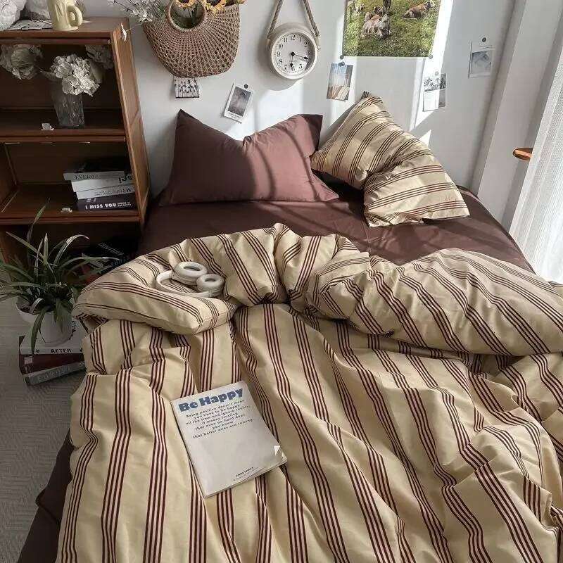 Bedding Ins Ambiance Blue Coffee Grid Mixed With Washed Cotton Minimalist Four Piece Set Fitted Sheets Duvet Cover H260312