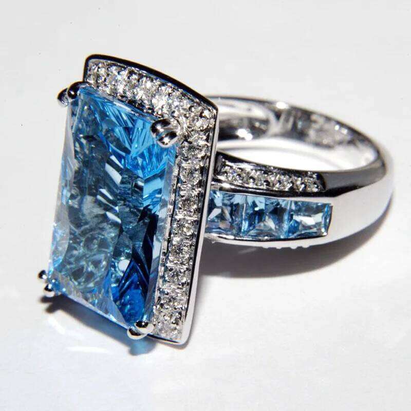 Sparkling Marine Blue Imitation Crystal Gemstone Full Diamond Ring Haute Banqueting Ladies 925 Sterling Silver Fashion Jewelry H260312