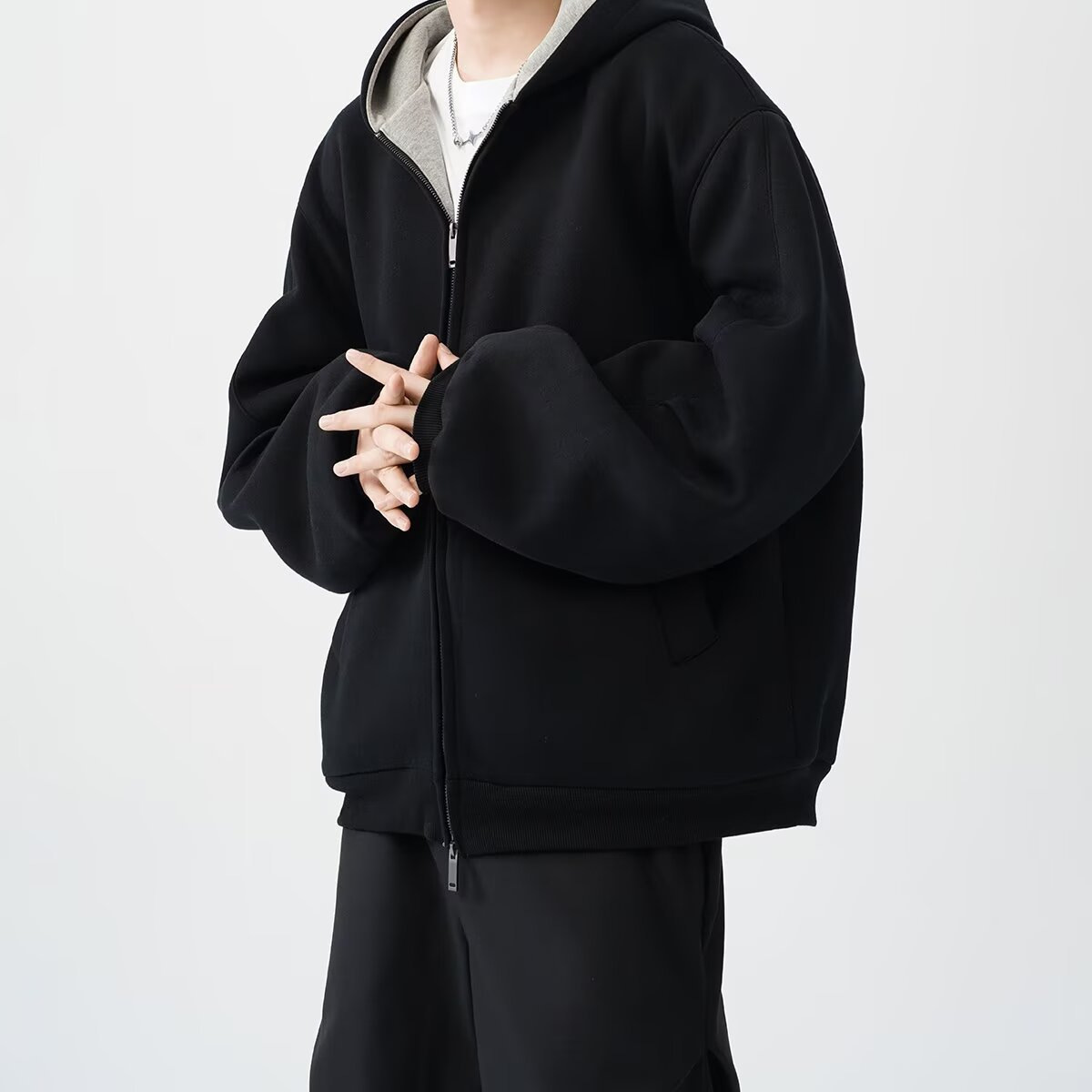 Double Zipper Heavyweight Cardigan Sweatshirt Men's Designer Hoodie Trendy Loose Casual Stiff Color-block Retro Hoodie Jacket For Men