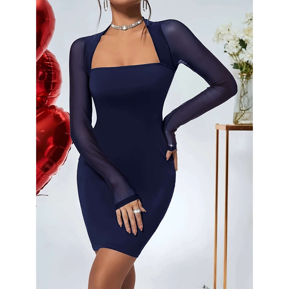 2024 Fall/Winter New European and American Women's Fashion Sexy Square Neck Slim-Fit Long-Sleeve Knit Bodycon Dress Short Skirt