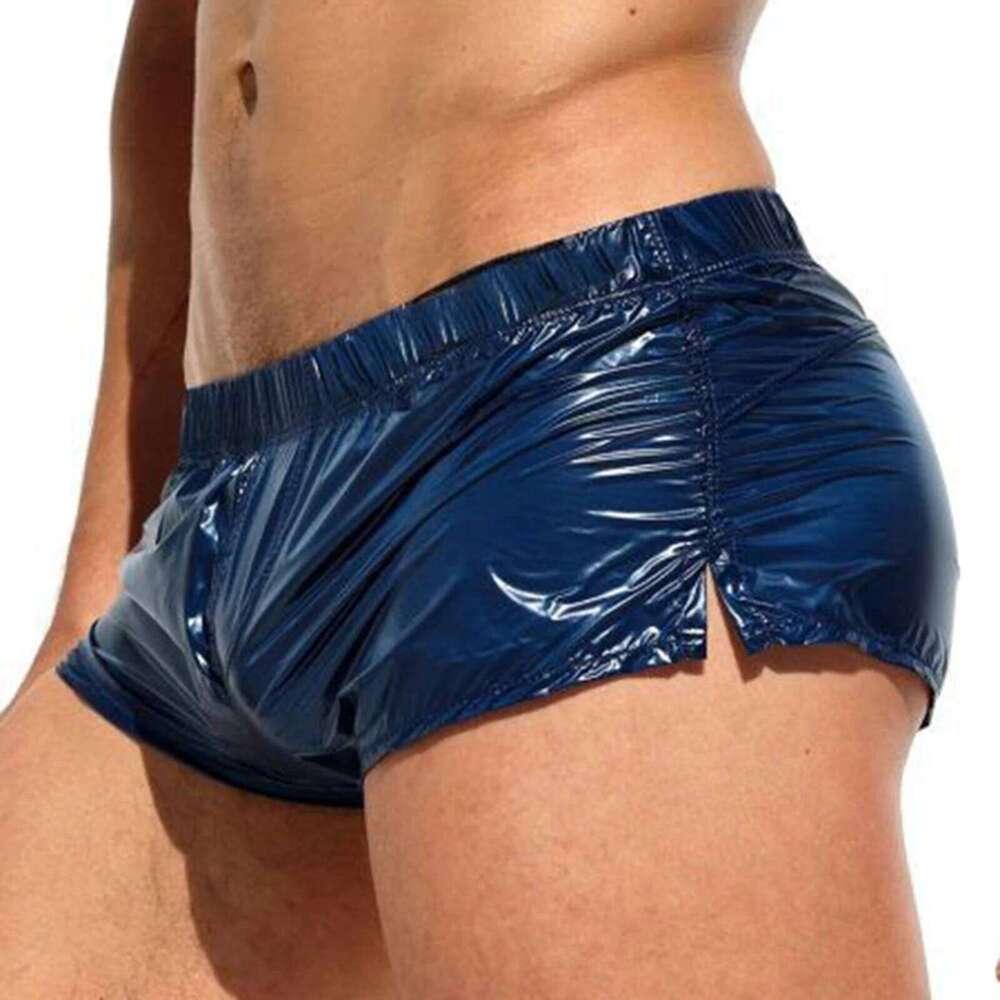 Mens Glossy Swimming Trunks Low Rise Sides Slit Solid Color Slim Fit Shorts Male Swimwear Swimsuit Pool Party Nightclub Costume Z260312