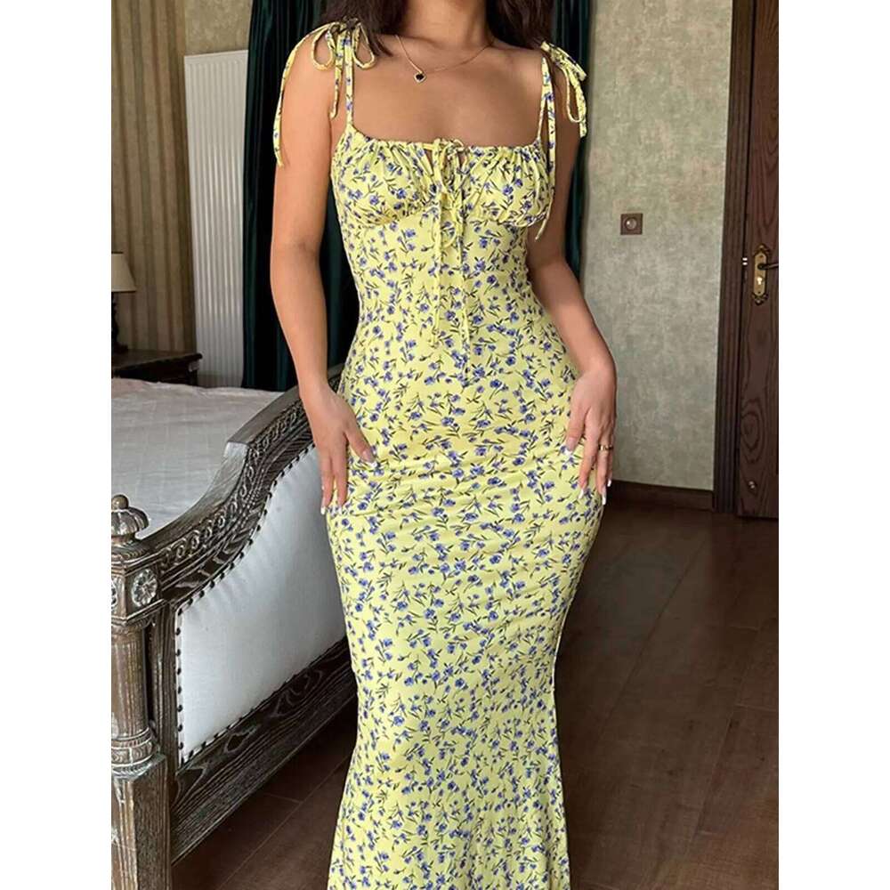 2025 Summer Floral Midi Women Spaghetti Strap Tie-up V-neck Split Dress Sexy Vintage Elegant Dresses Female C260312