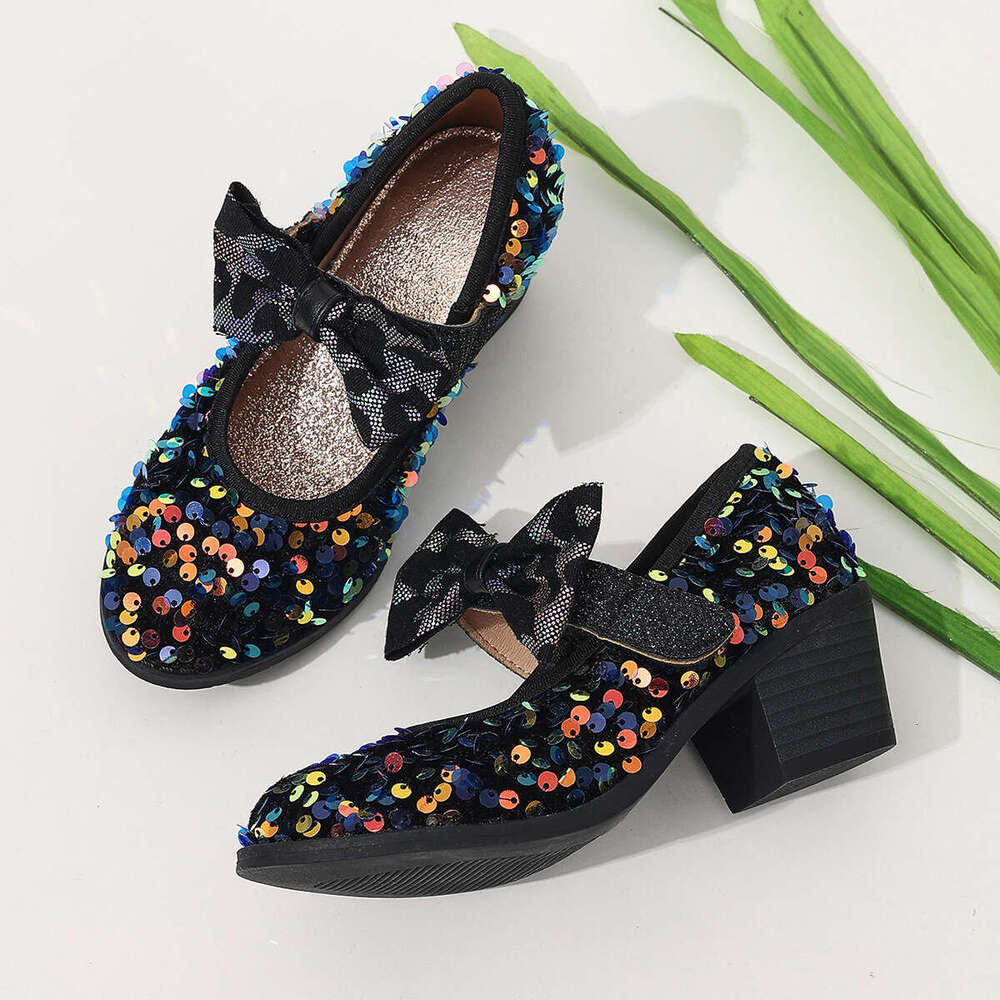 Black sequin fashion girls' high-heeled with Velcro, comfortable bowknot single shoes, princess children's elegant evening shoes 8158