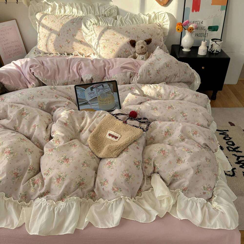 Korean Princess Style Floral Ruffles Bedding Set Washed Cotton Duvet Cover Bed Sheet Pillowcases Single Full Queen Size 3/4Pcs H260312