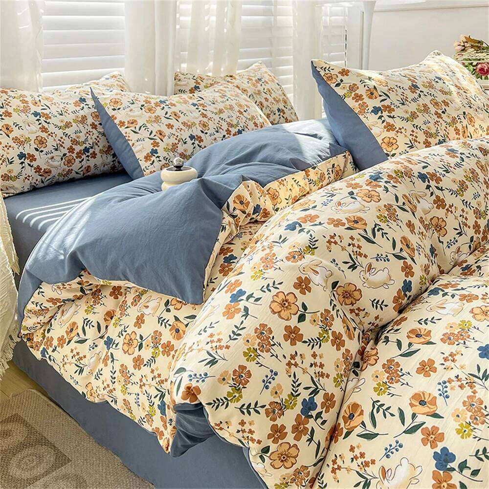 Four-piece Bedding Set Simple Duvet Cover Plant Flower Bed Sheet Adults and Kids Washed Cotton Pillowcase Home Textiles H260312