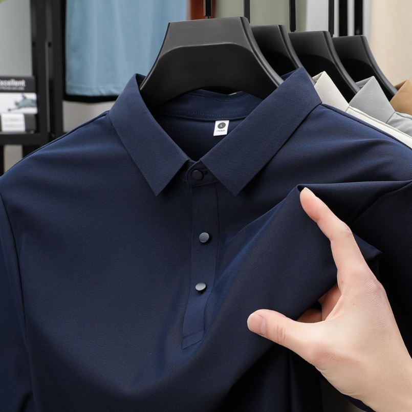 Ice Silk Summer Men's Business Casual Stretch Non-Iron Solid Color Streetwear Short Sleeve Turn-Down Collar Polo Shirt