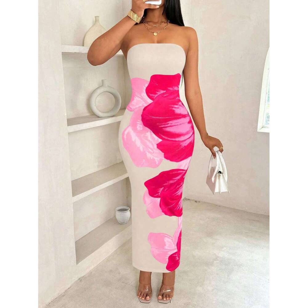 Fashion Elegant Sleeveless Print Dress Women's Sexy Backless Strapless Bodycon Maxi Dresses Summer Beach Holiday Long Robe C260312