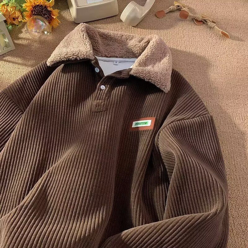 Winter Hong Kong Style Youth Lamb Wool Polo Designer Hoodie Collar Sweatshirt For Men Autumn And Winter Fleece-lined Thick Corduroy Jacket For Men