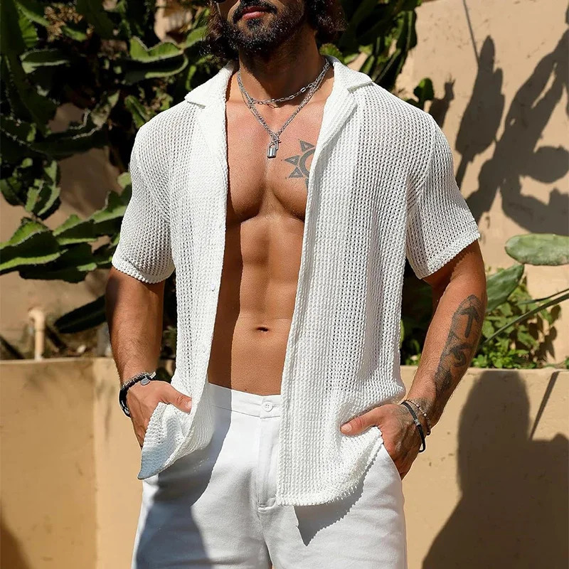 Sexy Hollow Out Breathable Knitted Shirt Men Summer Beach See Through Casual Shirts Mens Short Sleeve Button Solid Color Shirts 260311