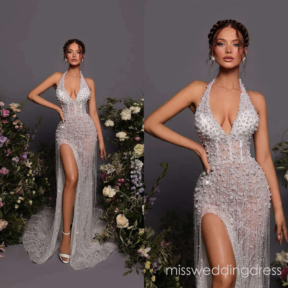 See Through Pearl Mermaid Wedding Halter Bridal Gowns Sequins Tassel Side Split Custom Made Sweep Train Bride Dresses Plus Size