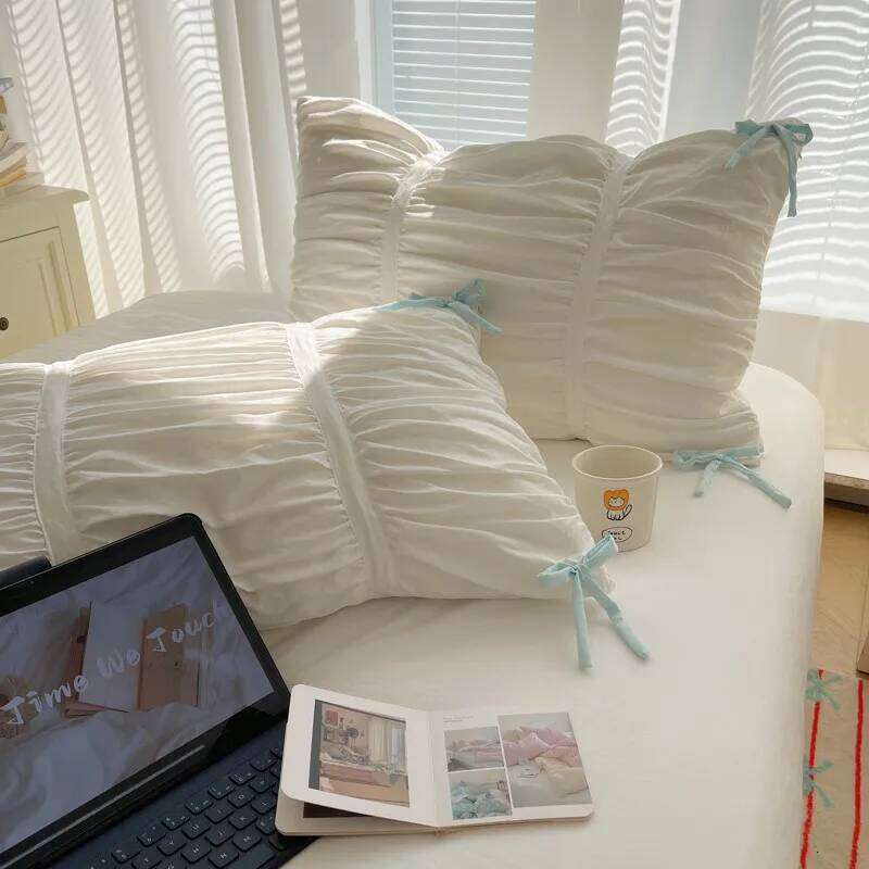 Solid Color Pleated Textured Soft Breathable Chic Princess 4pcs Bedding Set, Delicate Bows Twin Duvet cover Bed sheet Pillowcase H260312