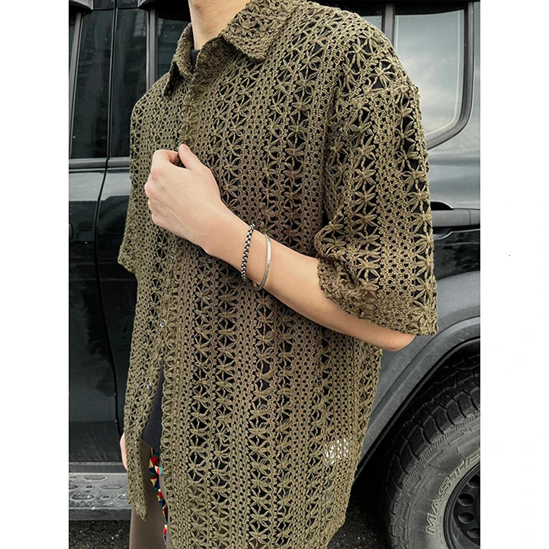 Fashion Army Green Knitted Hollow out Shirt Men Streetwear Transparent Lapel Short Sleeve Button Camisas Sexy Men Clothing 2XL-M 260311