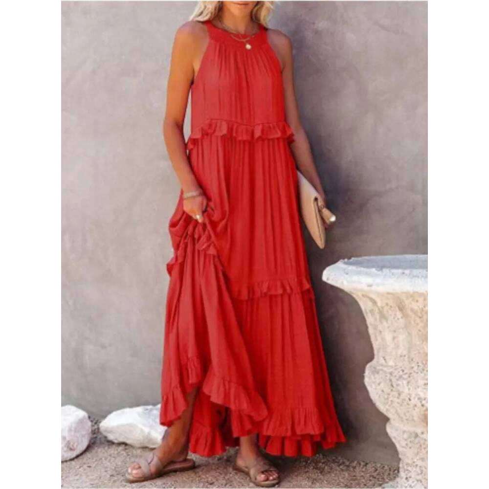 Summer Vacation Style Halter Neck Long Dresses Women Fashion Backless Leace-up Loose Ruffles Beach Dress Elegant Ladies Vestidos C260312