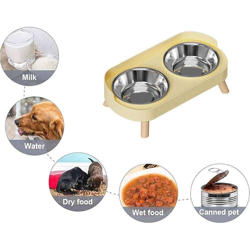Stainless steel double dog cat bowl, shockproof and splash proof, detachable for cleaning, reducing bacteria.zwq 26Y0312