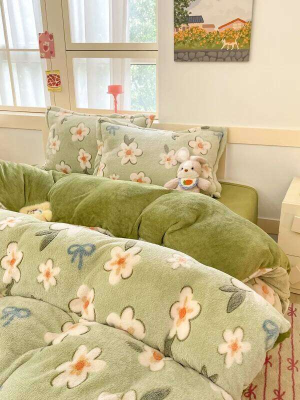 White Plant Flower Milk Velvet Duvet Green Reversible Soft Skin-friendly Comforter Cover Adult Kid Bedroom Winter Bedding H260312