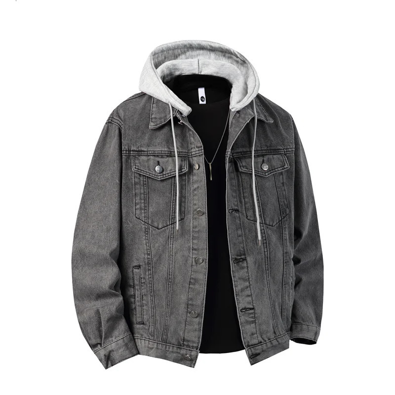 Autumn Winter Hooded Denim Jackets Men Casual Streetwear Outerwear Solid Color Loose Couple Denim Coats Hat Detachable Jacket 260304