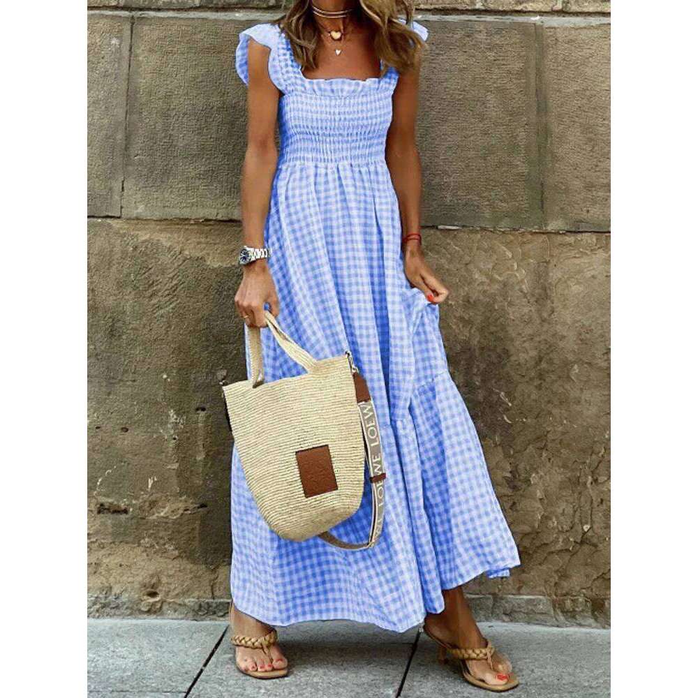Elegant Plaid Slip Maxi Long Dress Summer Women Strapless Ruffle Backless Pleated Elastic Waist Boho Party Swing Loose Dresses C260311
