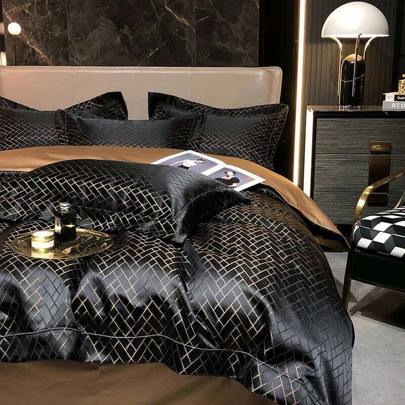 New Black Gold Yarndyed Jacquard Egyptian Cotton Bedding Set Satin Smooth Duvet Cover Flat/Fitted Sheet Pillowcases 4Pcs H260312