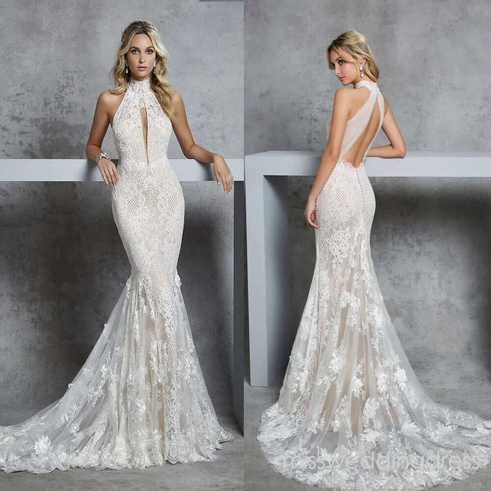 Chic Lace Mermaid Wedding High Collar Bridal Gowns Backless Appliques Sleeveless Bride Dresses Custom Made