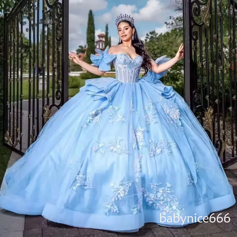Princess Sky Blue Quinceanera Dress for Girls Off-Shoulder Corset Ball Gown Applique Customizable 15th Birthday Vestido De