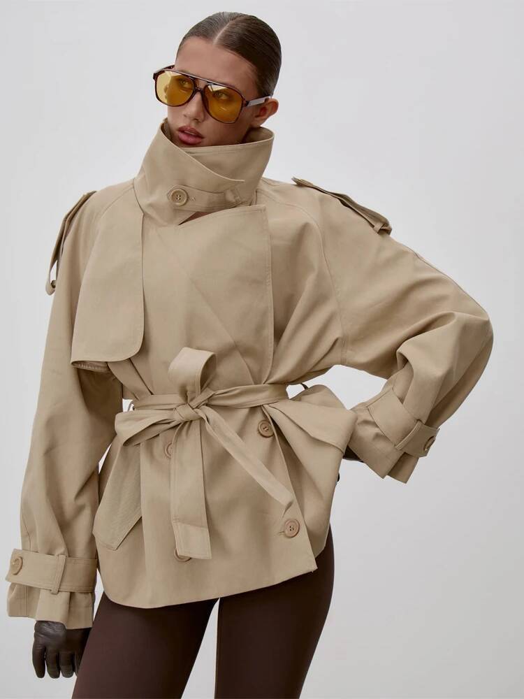 Chic Stand Collar Lace Up Trench Coat Women Long Sleeves Single Breasted Short Windbreaker Spring Lady Daily Street Jacket 2026