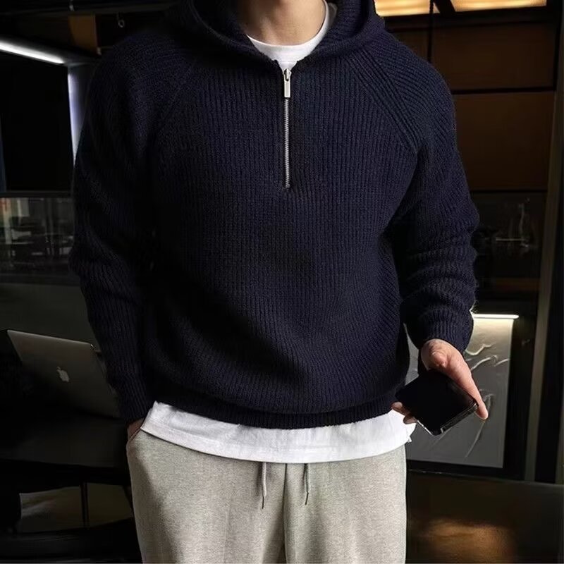 New Half-zip Hooded Sweater For Men Trendy Brand Spring And Autumn Designer Hoodie Casual Style Thick Knitted Jacket Heavy-duty Outerwear