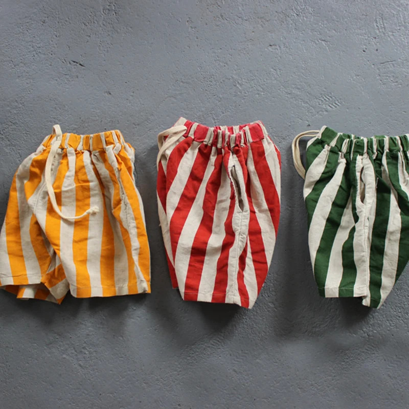 Summer 16Yrs Baby Girls Boys Shorts Cotton Linen Stripes Kids Fashion Casual Pants Children 260311