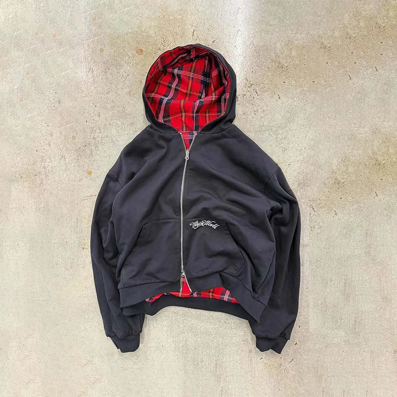 American Retro Reversible Plaid Zipper Hoodie Sweatshirt Mens Womens Casual Plaid Sweatshirt Solid Color Lining Y2K Street Style 260311