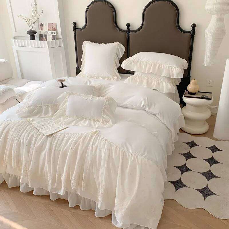 Wide Chiffon Lace Sweet Princess Style Duvet Cover+2Pillowcases Double Queen Bedding Set 3Pcs Breathable Soft for Girls Bedroom H260312