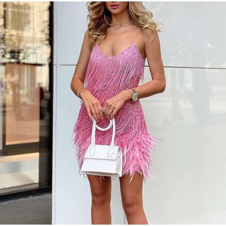 2026 Fashionable Tassel Sequin Multi-color Birthday Party Sexy V-neck Strap Feather Patchwork Dress