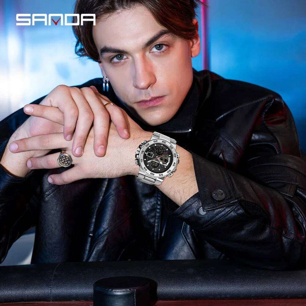 SANDA Luminous Dual Screen Multi functional Outdoor 3 Time Zones Sports Waterproof Men's Electronic Quartz Watch montre