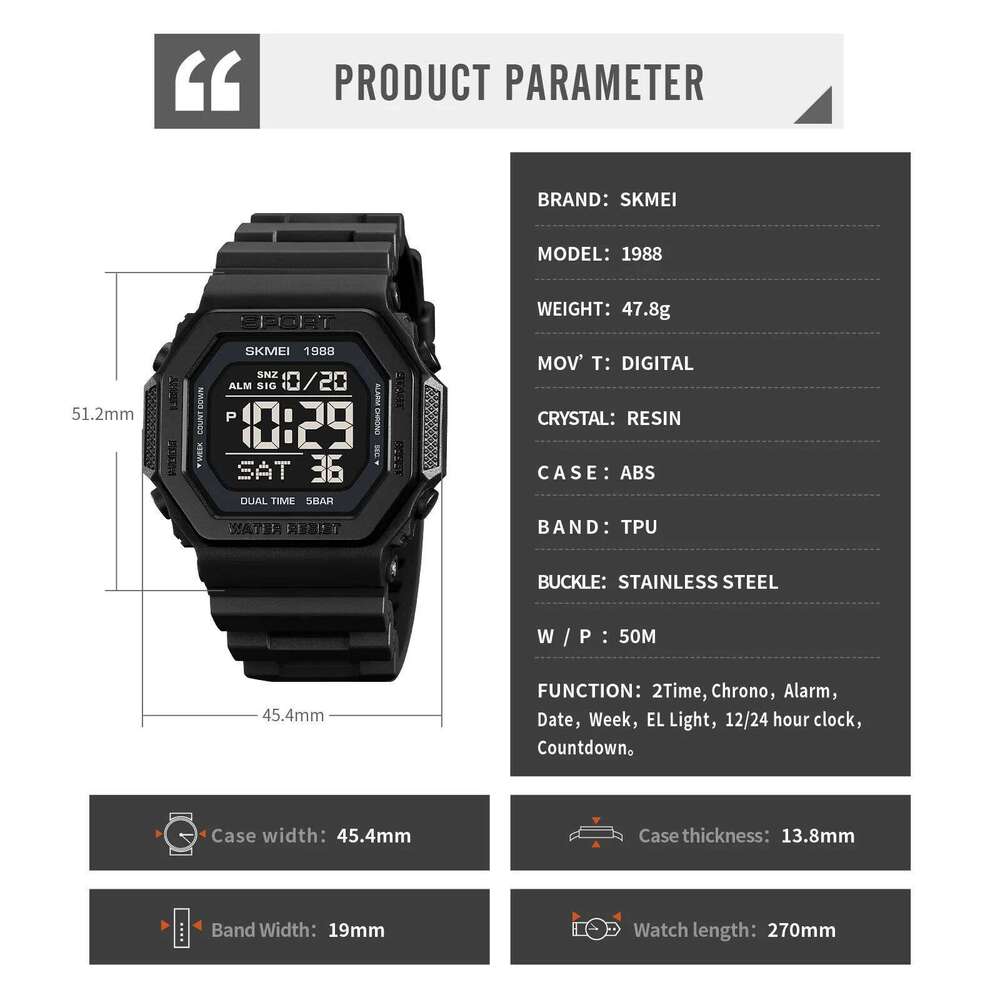 SKMEI 1988 Sports Watch for Men Digital Waterproof Wristwatches Mens Back Light Countdown Clock 1628 Reloj Hombre