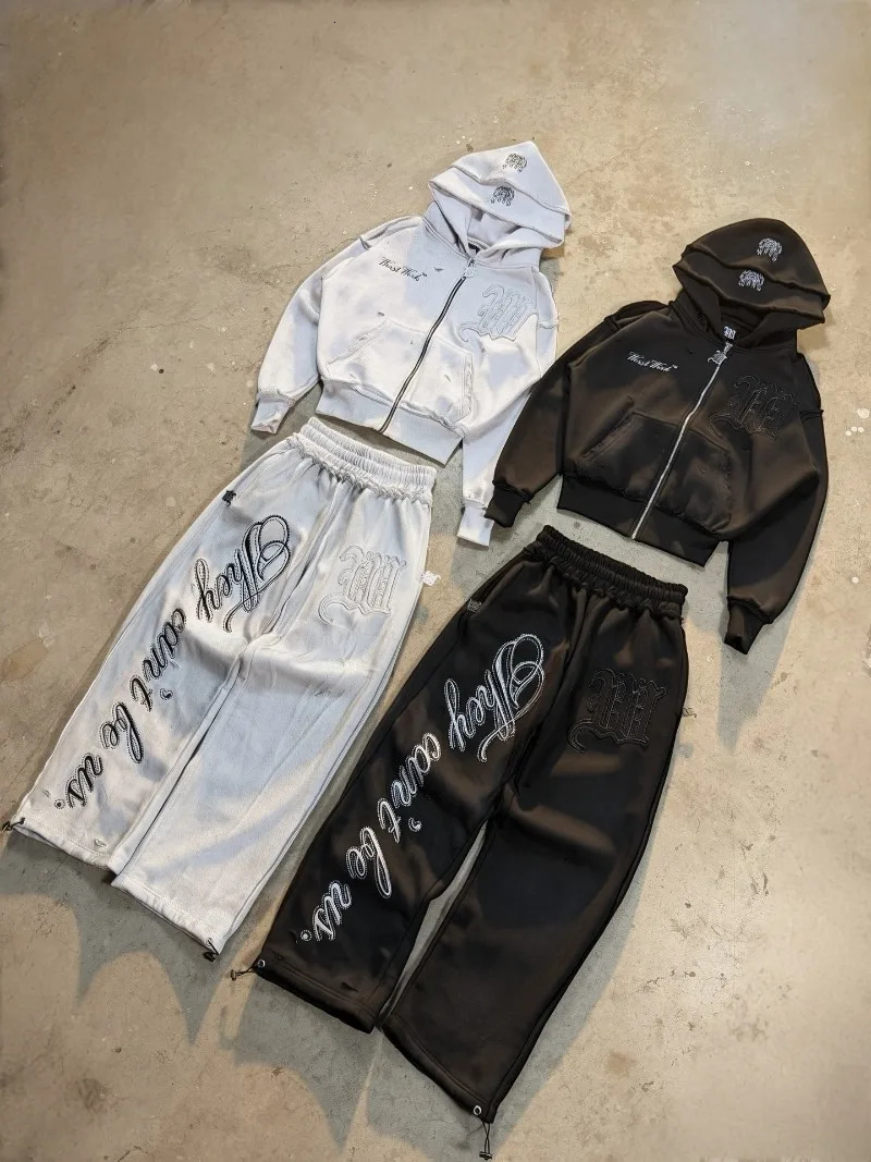 Y2K Letter Embroidery Loose Couple Sportswear Suit European and American High Street Trendy Zipper Hoodie Sweatpants Men 260311
