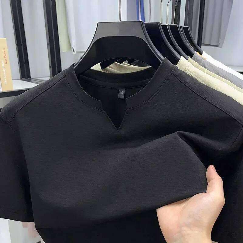 Korean Men's Casual and Fashionable Small V-neck Solid Color Short Sleeved T-shirt Comfortable Summer Versatile Top