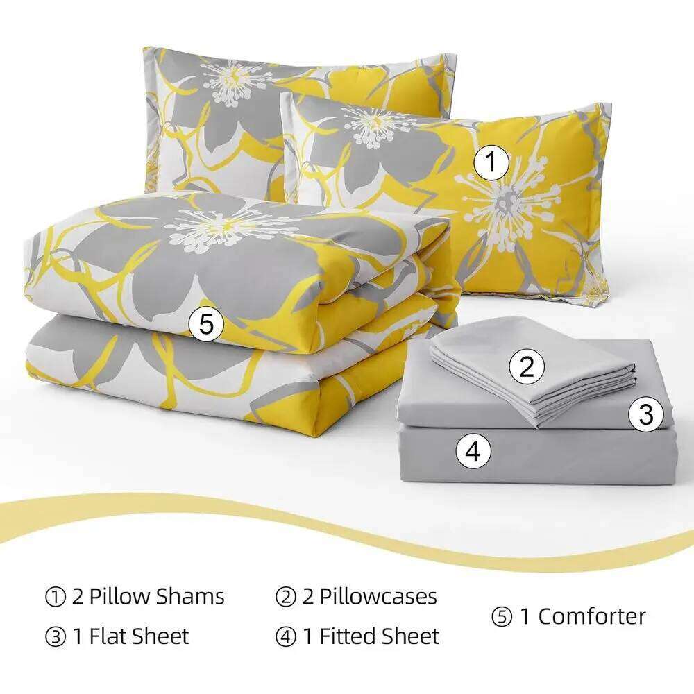 Queen Size Yellow Floral Comforter Set, Reversible in a Bag with All Season Sheets, Soft Microfiber Flower Pattern Duvet Bed