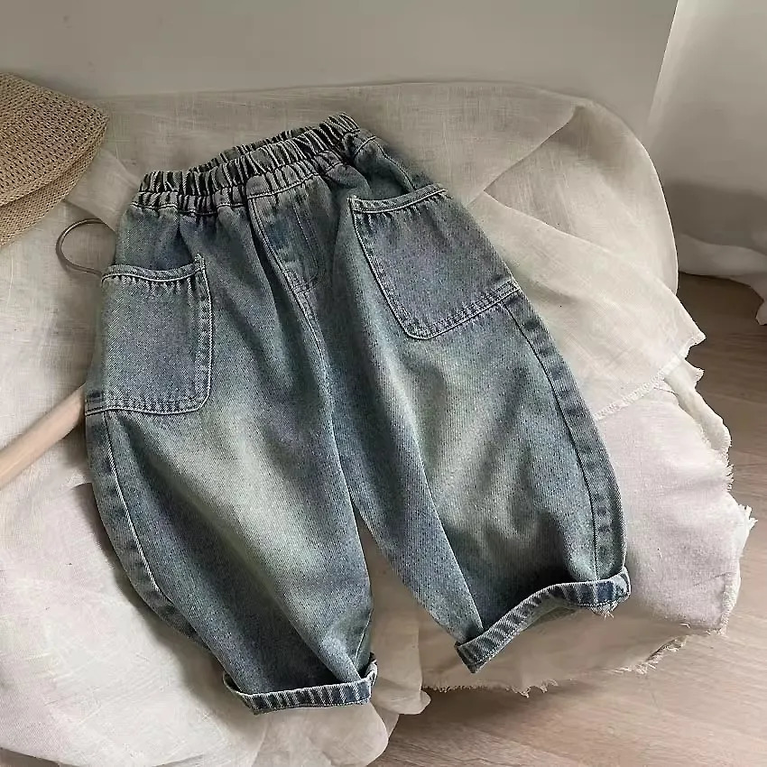 Spring Autumn Kid Boys Denim Pants Side Pocket Polished White Children Elastic Waist Casual Baby Trousers 260311
