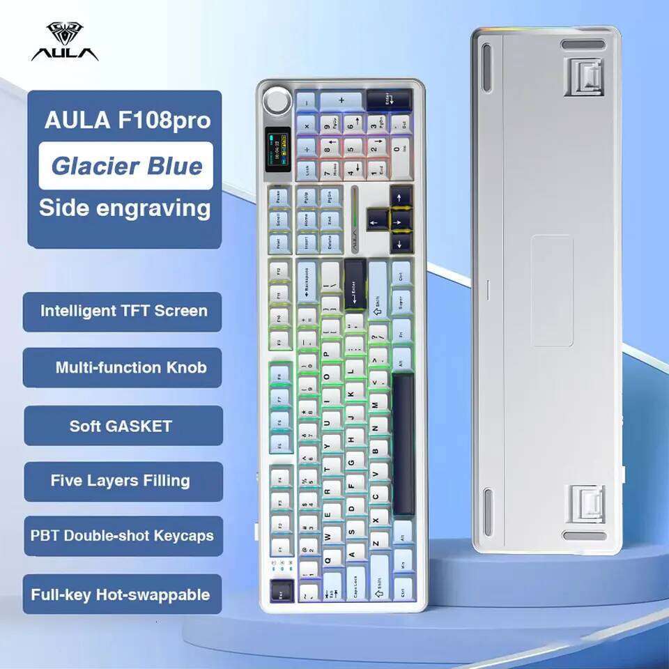 AULA F108 Pro Gaming Mechanical Tri Mode Custom Multi-Knob Screen RGB Esports Wireless Keyboard with TFT Smart Display 26H0311