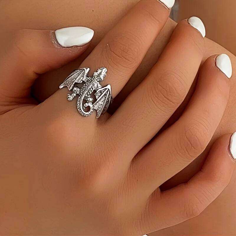Antique Silver Color Dragon Gothic Punk Men Pterosaur Wings Opening Adjustable Rings Vintage Jewelry Accessories Gifts H260312